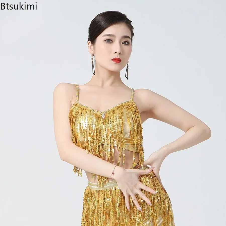 2026 New Women Belly Dance Suspenders Costume Sexy Sequin Tassel Crop Tops Shiny Rave Party V-neck Cross Back Padded Bra Top