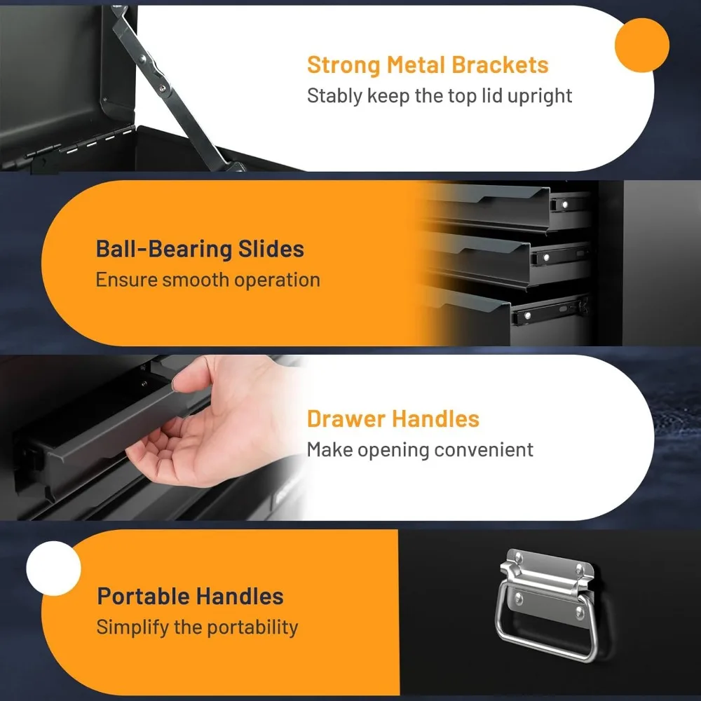 Ящик для инструментов, стальной ящик для инструментов с 6 ящиками 24 дюйма, верхний лоток для инструментов, автоматический замок, защитные вкладыши, ручка, гладкие направляющие для шарикоподшипников