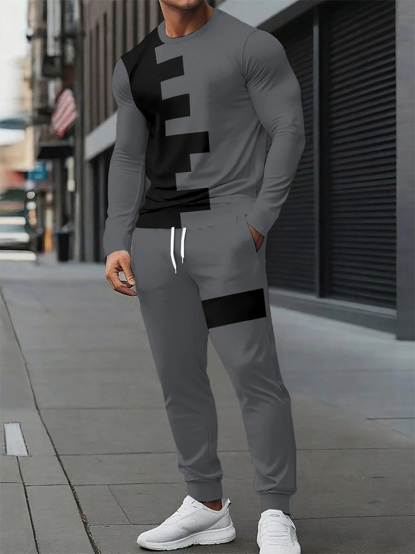 

Autumn and Winter Men Long Sleeved Set Printed Streetwear Comfortable and Quick Drying Male Clothes Suit Splicing Color Set