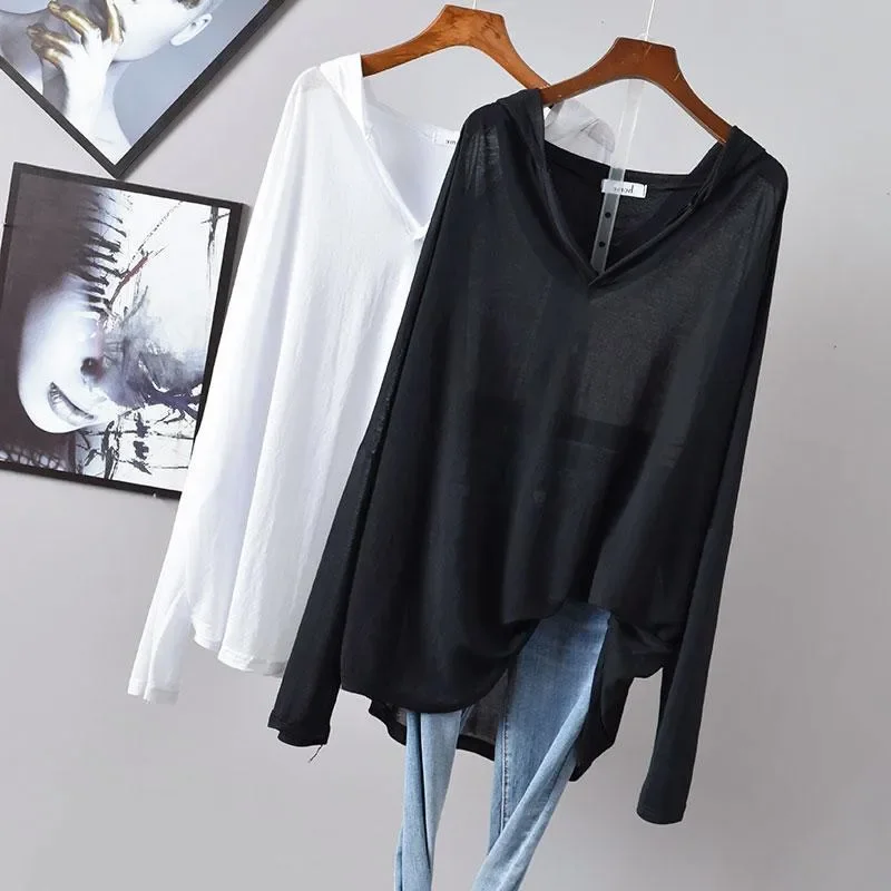 

Solid Loose Hooded Sun Protection Shirt V-Neck Long Sleeve Women's T-Shirt Knitted Thin Breathable BF Style Beach Cover up Tops