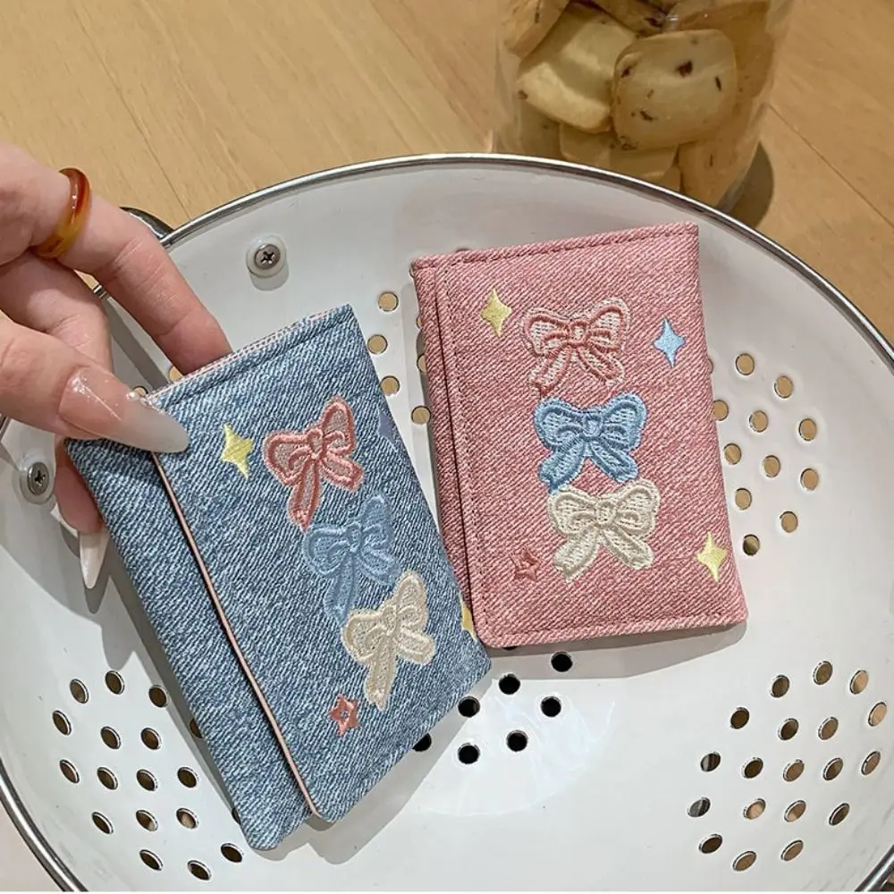 Card Pouch Portable Embroidered Bow Wallet Embroidery PU Leather Denim Coin Purse Multiple Card Cute Three Fold Wallet Work
