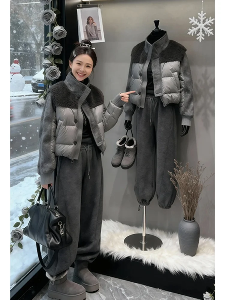 

Trendy Knitted Two-Piece Set Women's Winter Casual Cotton down Jacket High Waist Long Pants Fashionable Streetwear Ensemble