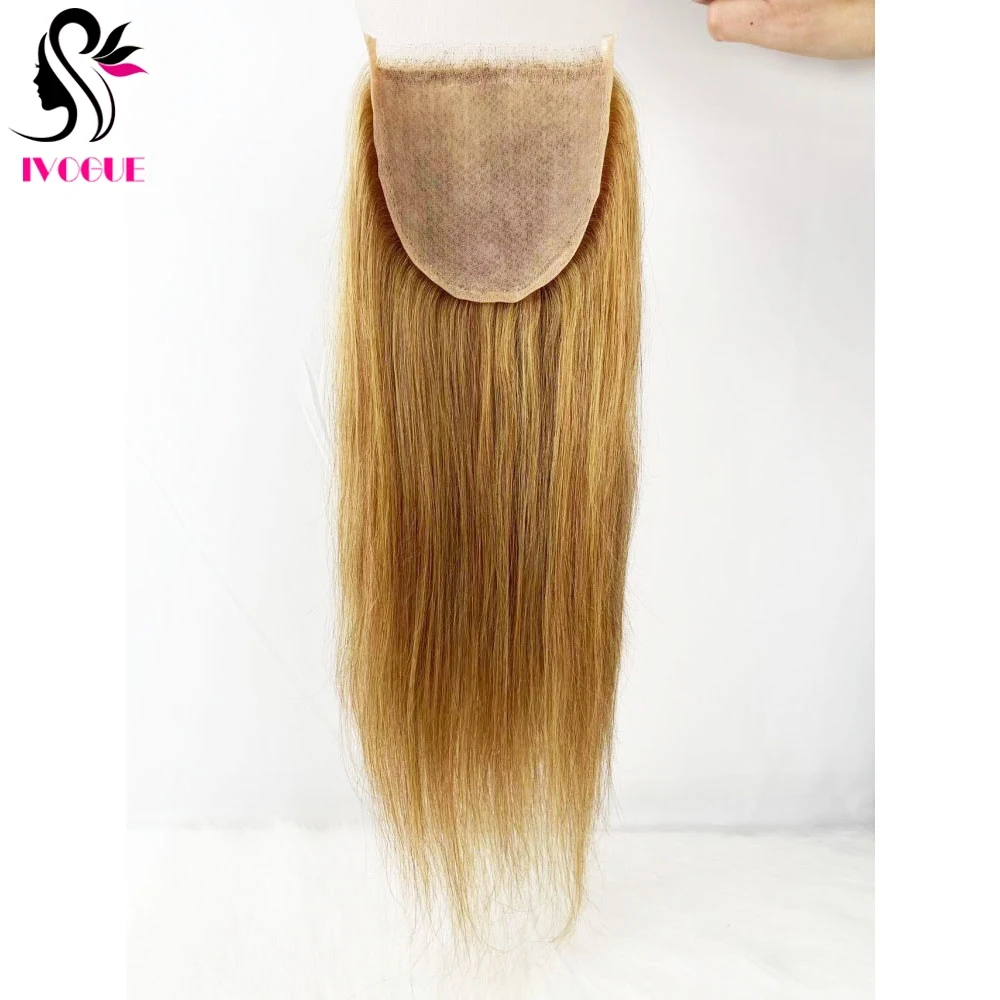 5x5 Gloden Blonde Human Hair Closure Skin Base Silicone Silk Top Lace Closure Pre Plucked with Baby Hair Free Part Color #27