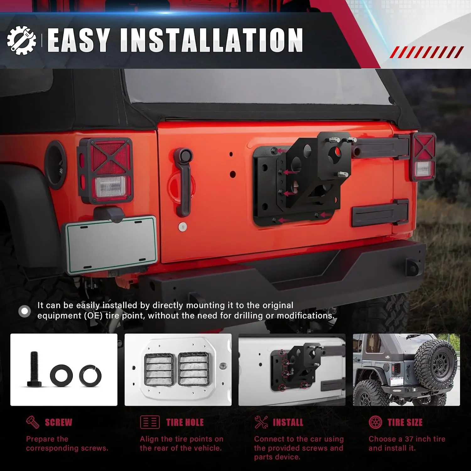 Jeep Wrangler JK Support de pneu de secours pour modèles 2007-2018, convient aux pneus jusqu'à 40 pouces, support arrière robuste