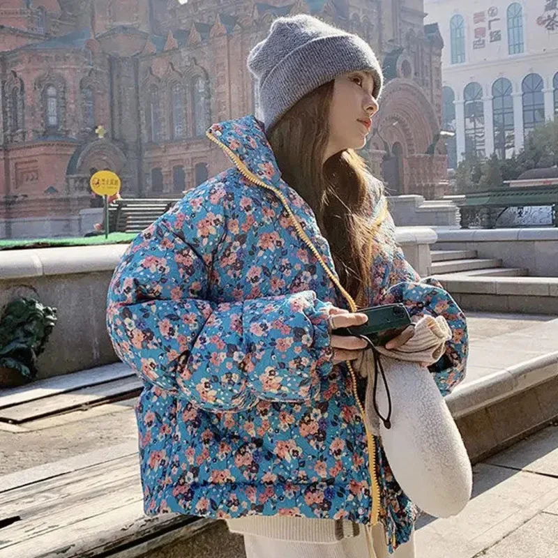 French Floral Printed Quilted Winter Down Coats For Women Streetwear Thick Warm Coats Female Loose Casual Jackets