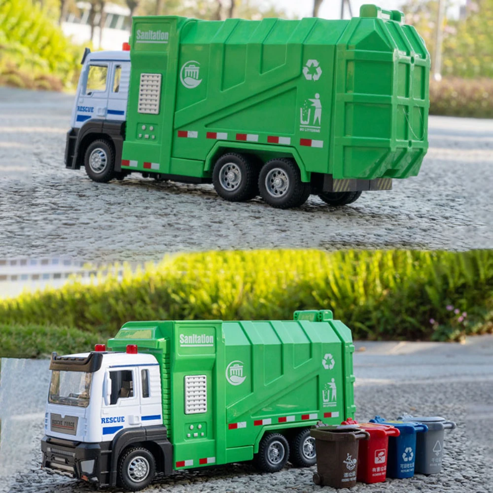 1/32 Alloy Sanitation Car Model Toy Metal Diecast Engineering Garbage Truck Pull Back Light Sound Vehicle Gifts for Boy Children