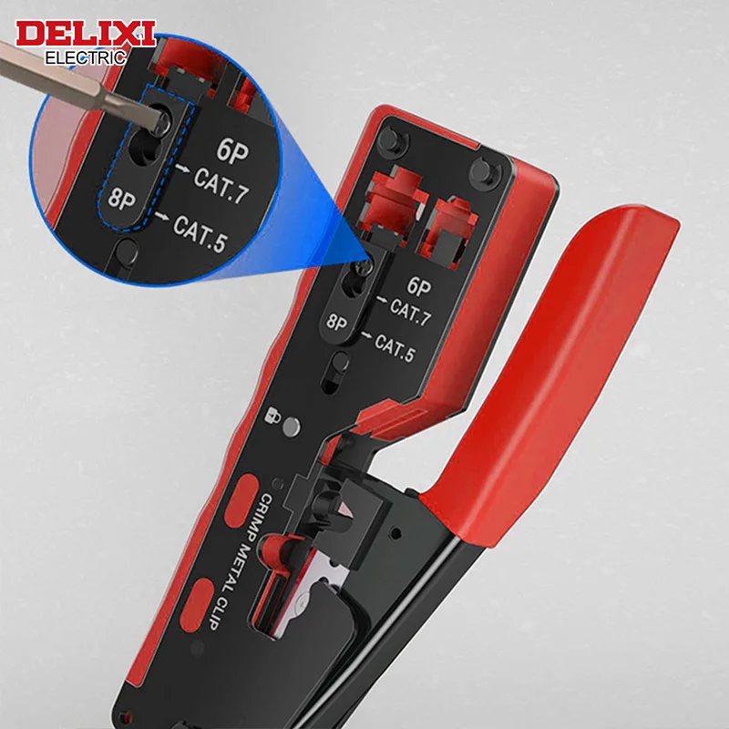 DELIXI ELECTRIC Network Plier，Universal Crimping Tool CAT5 CAT6 CAT7 RJ45 Pass Through All In One EZCrimp Tool For Rj11 R12 RJ45