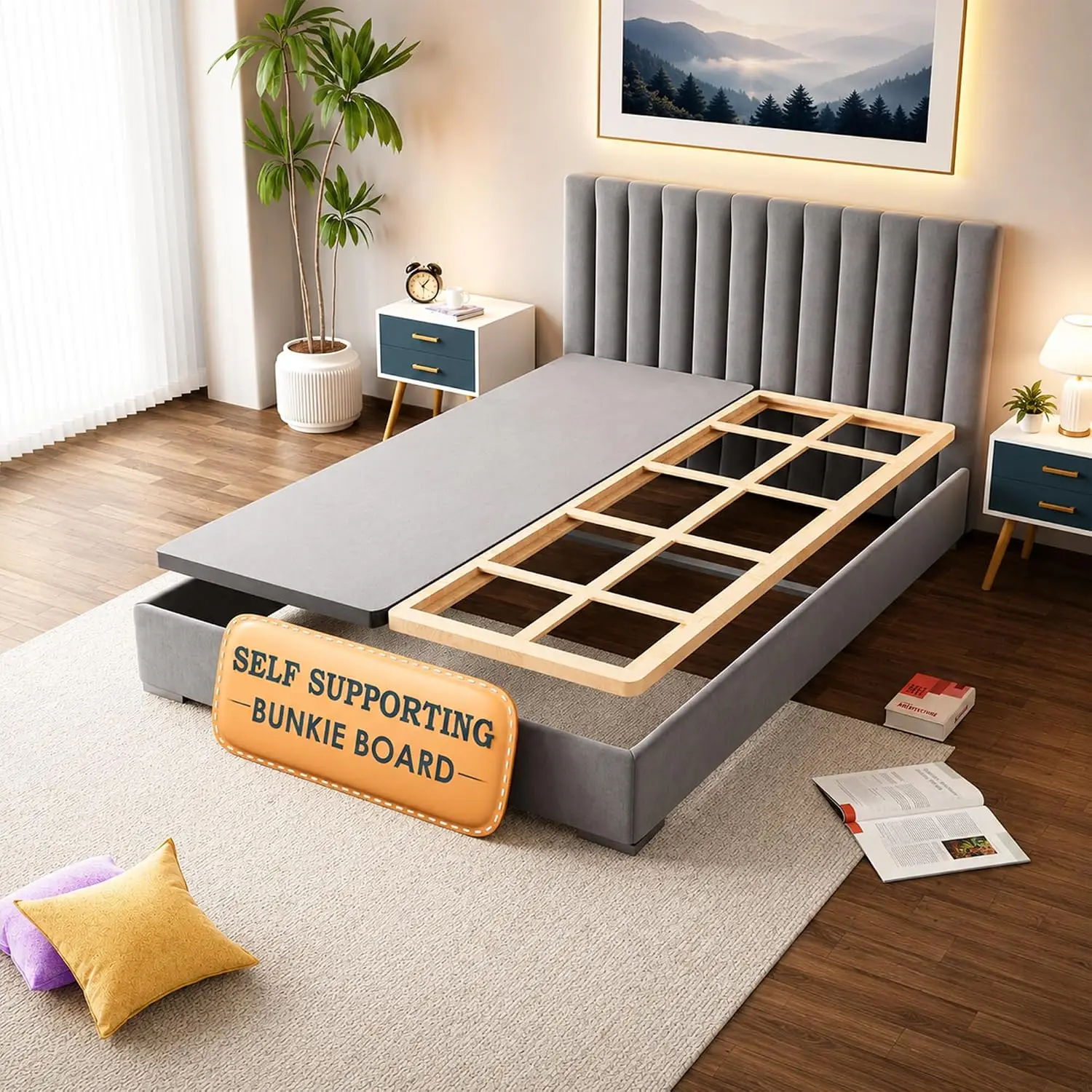 King Size 1.5 Inch Split Wood Bunkie Board, Mattress Support Base with Fabric Ventilation Cover, Pre-Assembled Under-Mattress Support, Replaces Wood Slats or Box Spring on Bed Frames