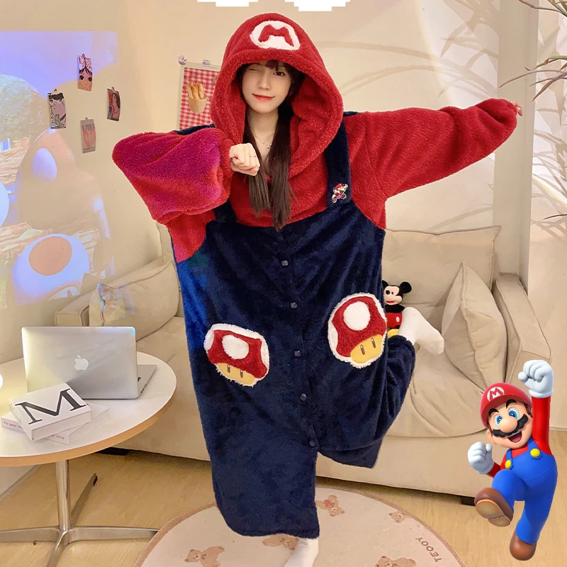 Super Marios Cosplay Flannel Pajamas for Women Thickening Winter Warm Sleepwear Hooded Jumpsuit Anime Kigurumi Onesies for Girls