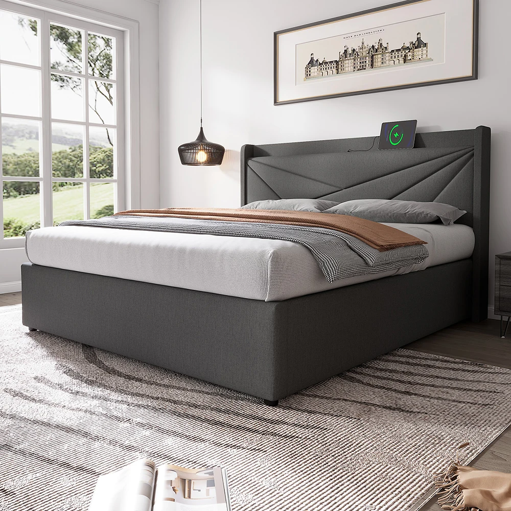 KOMHTOM Doppelbett mit Polster, Stauraum und USB-C-Ladefunktion, Leinenbettgestell