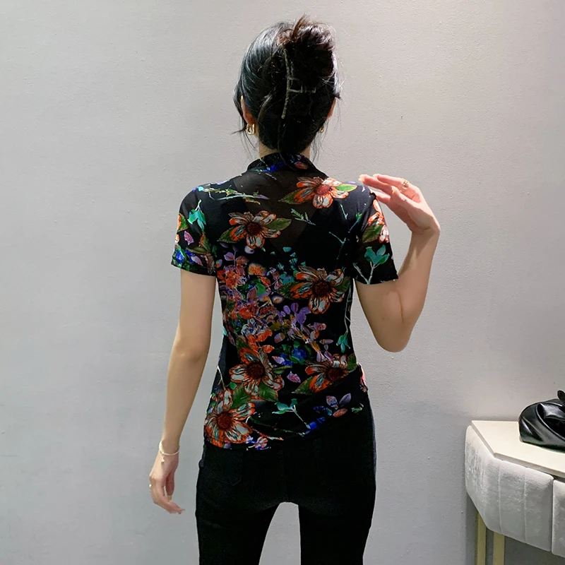 Early Autumn Mesh Tshirts Women Short Sleeve Half Turtleneck Printed Floral Tees Girls Slim Elastic T Shirts Tops BH3878