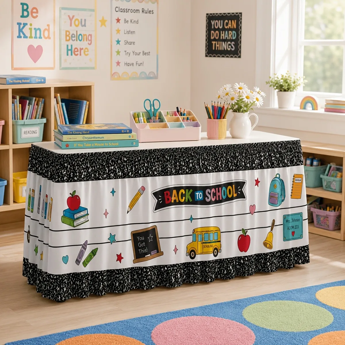 2 D Printed Tablecloth Dress Back to School School Bus Stationery Print
