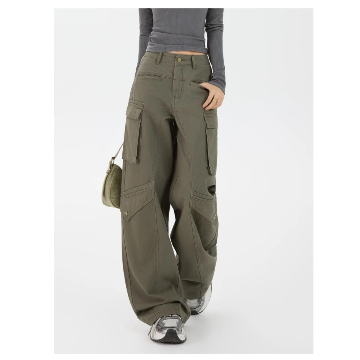 

Army Green Washed Denim Cargo Pants Women's Vintage Baggy Casual Multi Pocket Straight-Leg Trousers Y2K Streetwear Work Pants