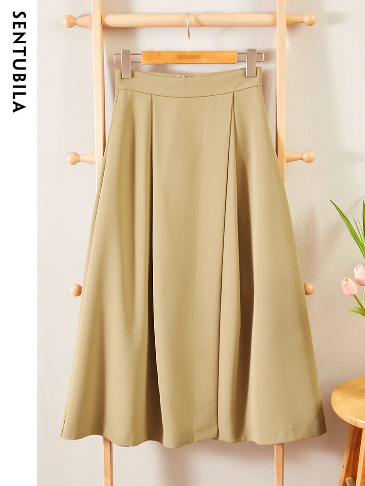 SENTUBILA A Line Deep Split Midi Skirts for Women 2024 Elegant Fashion Khaki Fake Wrap Swing Umbrella Summer Skirt Ladies