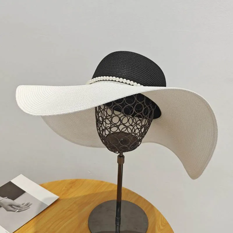 Two Tones Wide Brim Summer Hat for Women Big Brim Sun Hat Pearls Band Double Flower Summer Hat Ladies Holiday Floppy Beach Hat