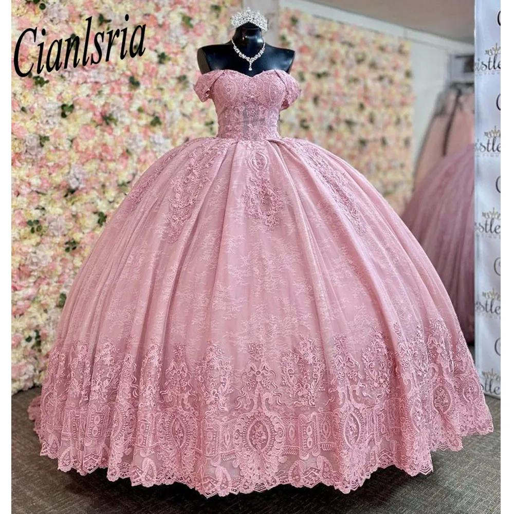 Vestido De quinceañera rosa con hombros descubiertos, traje De tul con apliques y cuentas, con cordones, para desfile, 15 Años, 2023