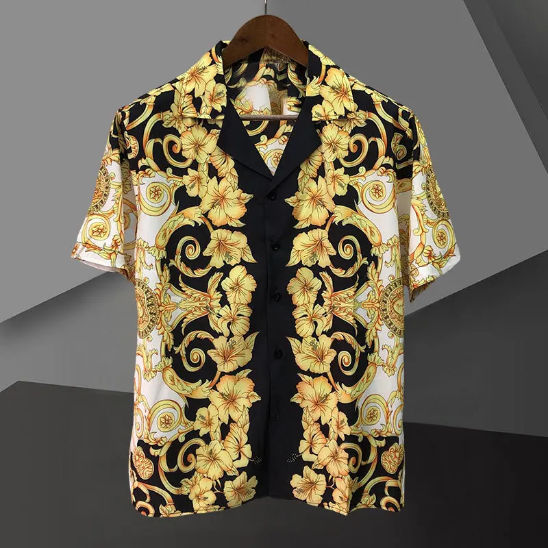 2023 Luxury Black Gold Full Gold Flower Shirt Men Casual Shirt Camisa Masculina Slim Triangle Print Shirt Dress Men Short Sleeve