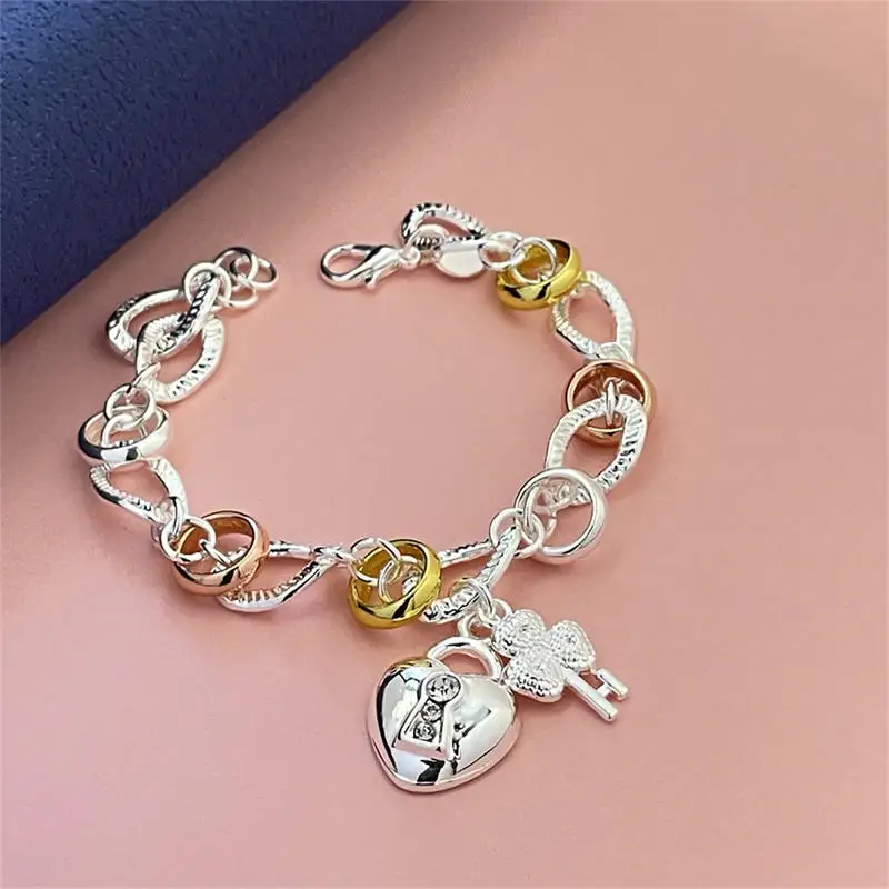 925 Sterling Silver Bracelet Cute Heart Two-tone Bracelet Women's Engagement Distribution Jewelry Gift