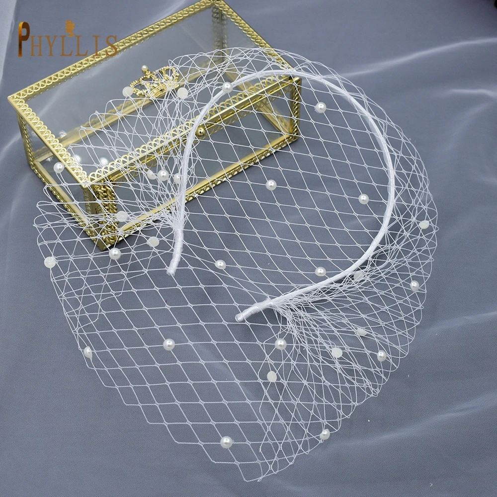 JM20 Witte Parel Birdcage Veil Met Hoofdband Gezicht Netto Masker Veils Charmant Tovenaar Blusher Sluier Russische Tulle Kooi Sluier