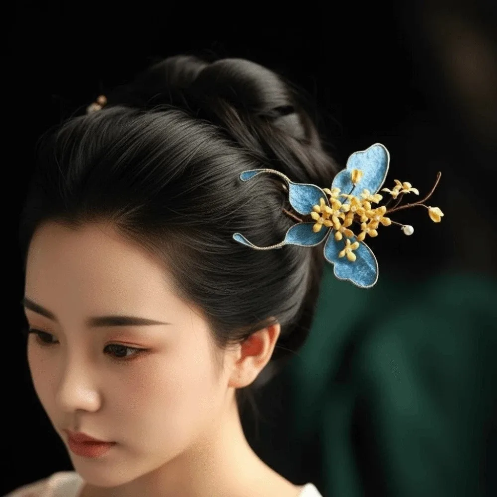 

Beautiful Hanfu Butterfly Hair Fork Headwear Beads Chinese Blue Ancient Hairpins Osmanthus Alloy Exquisite Fairy Side Clips
