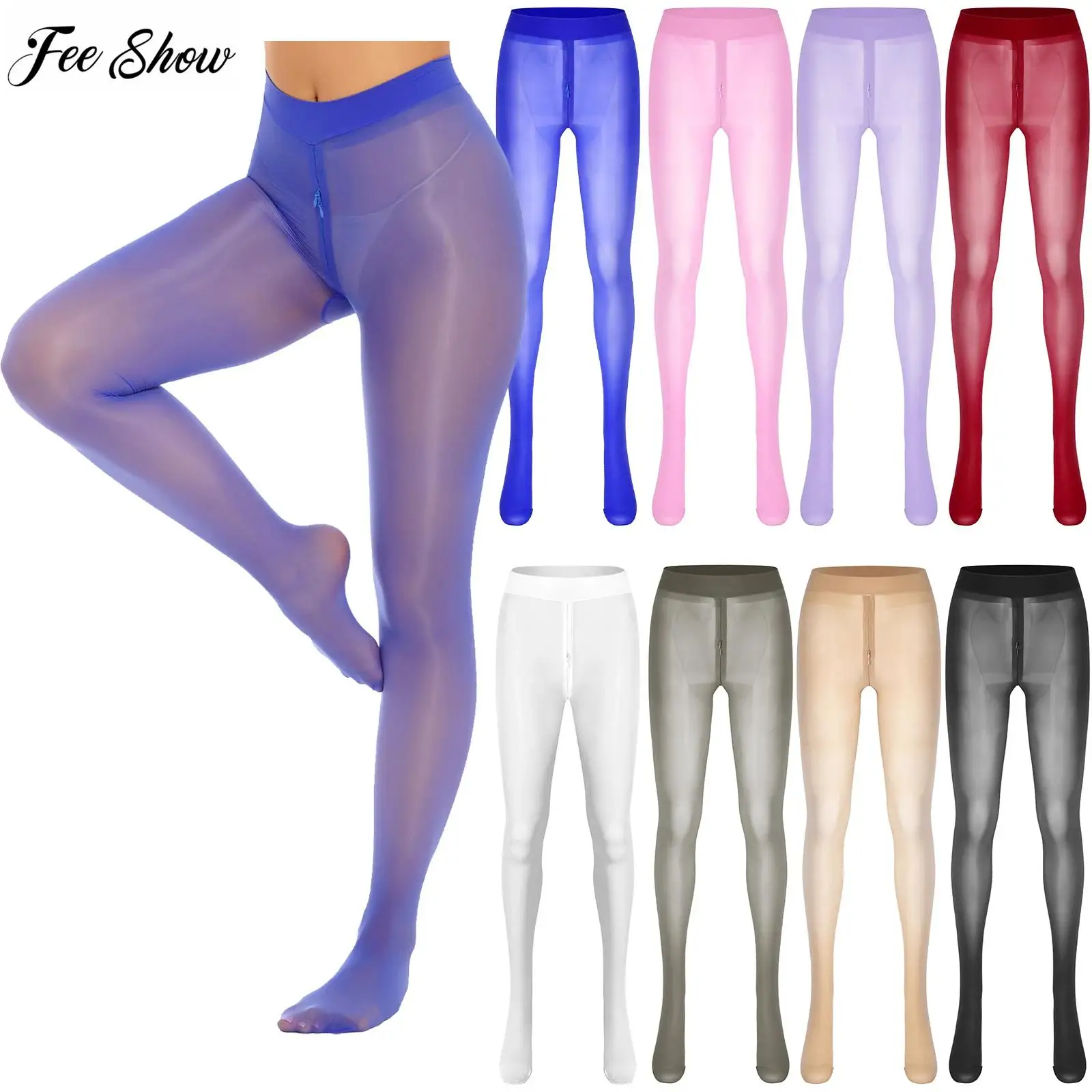 

Womens Zipper Crotch Sheer Footed Pantyhose Stretchy See-through Tights Solid Color Compression Long Leggings Pants