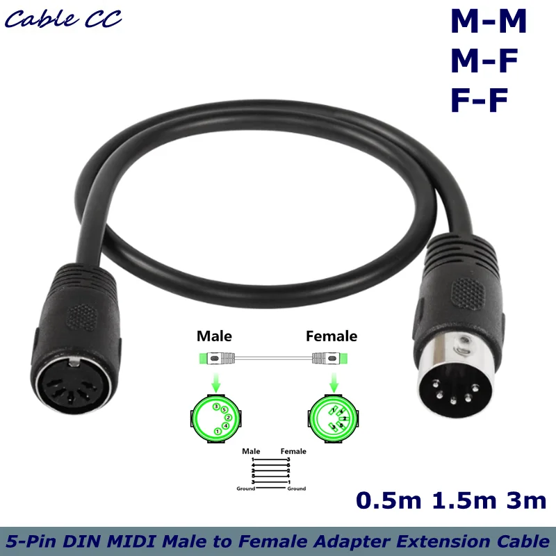 5-Pin DIN MIDI Male to Female / Male to Male / Female to Female Adapter Extension Cable, DIN 5Pin for Keyboard Synth