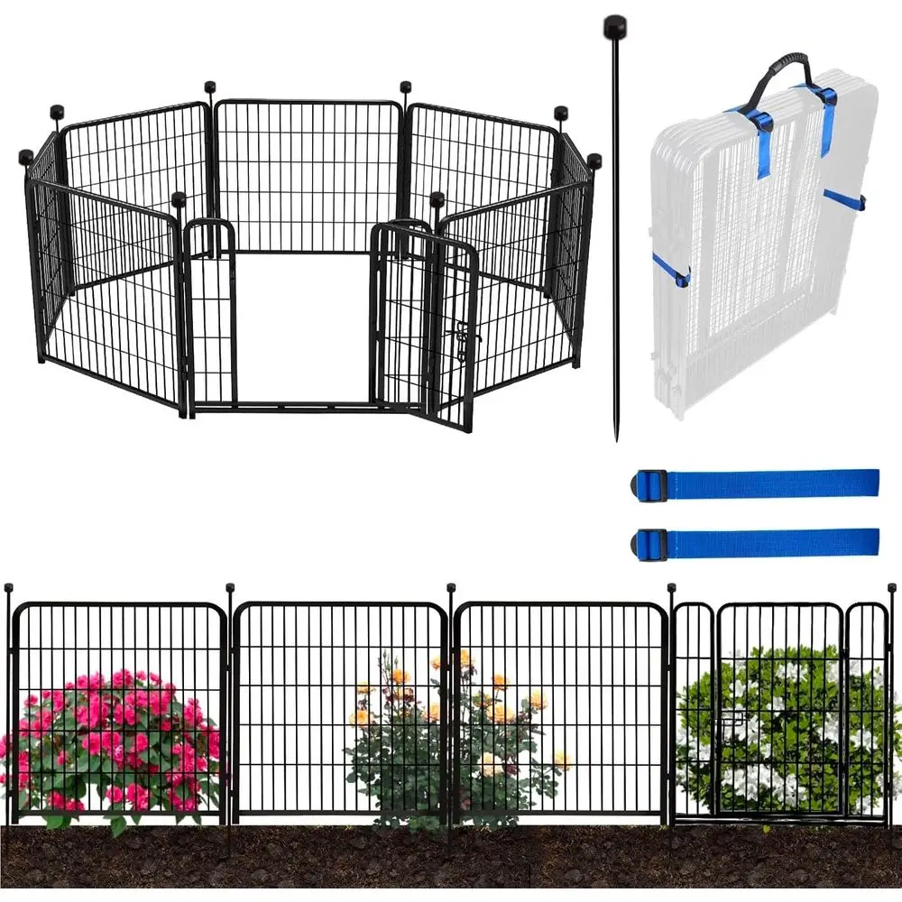 Garden Fence Panels, 36 Inch High, Black, Modern Style, 8 Panels Total 17.7 Ft(L) Tall, Low Threshold Door, Anti-Dig Fence Barri