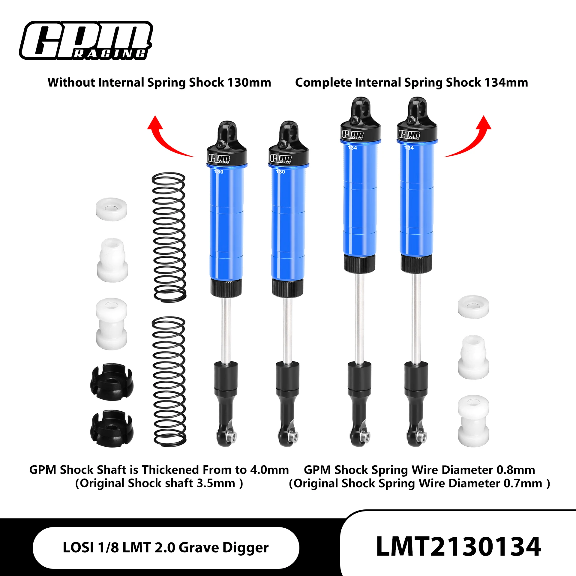 GPM Alloy Front / Rear Complete Internal Spring Shock 130&134mm LOSI 1/8 LMT 2.0 LOS04028
