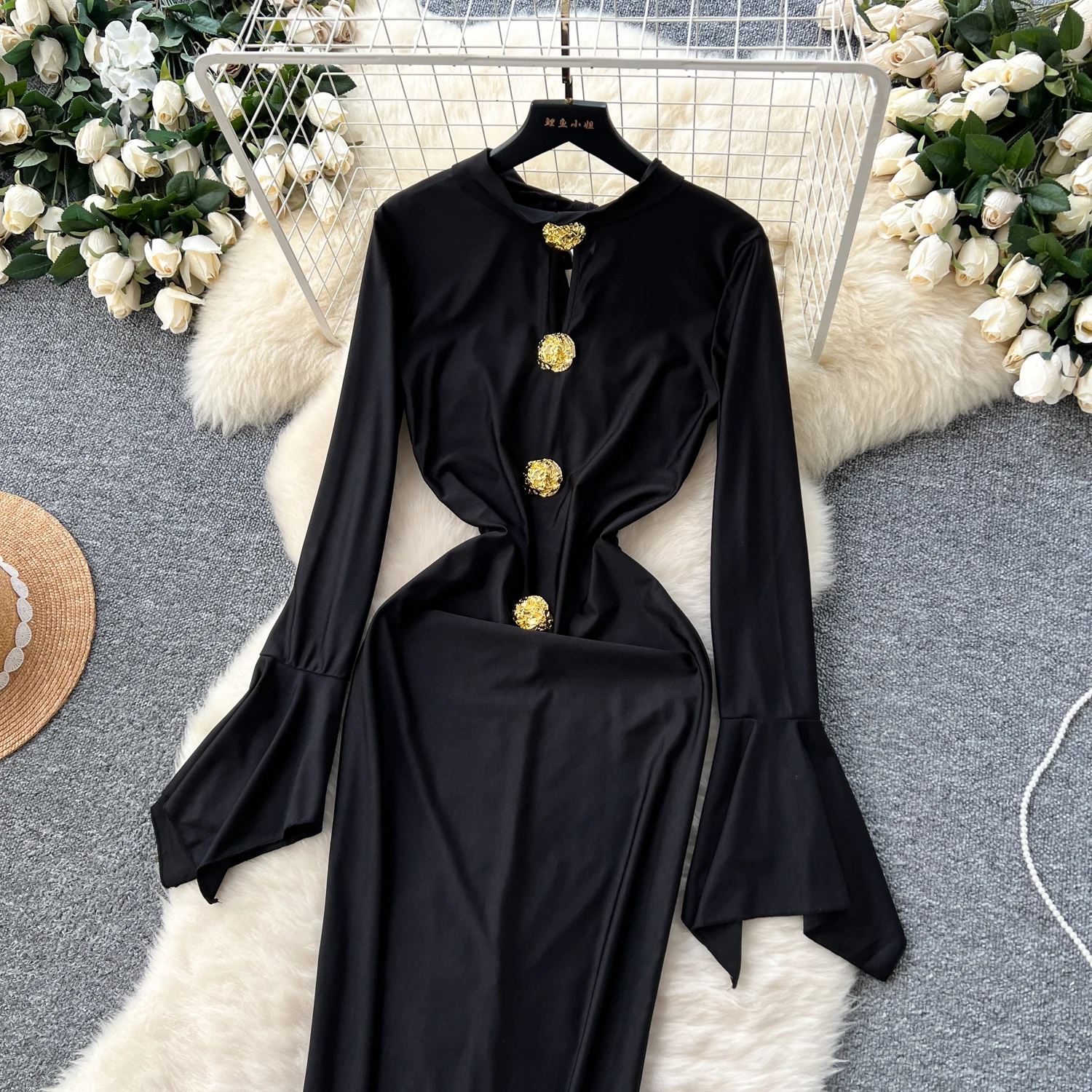 Women O-neck Vintage Long Flare Sleeve Elegant Metal Buckle Slim Split Long Dresses French Evening High Street Autumn Clothing