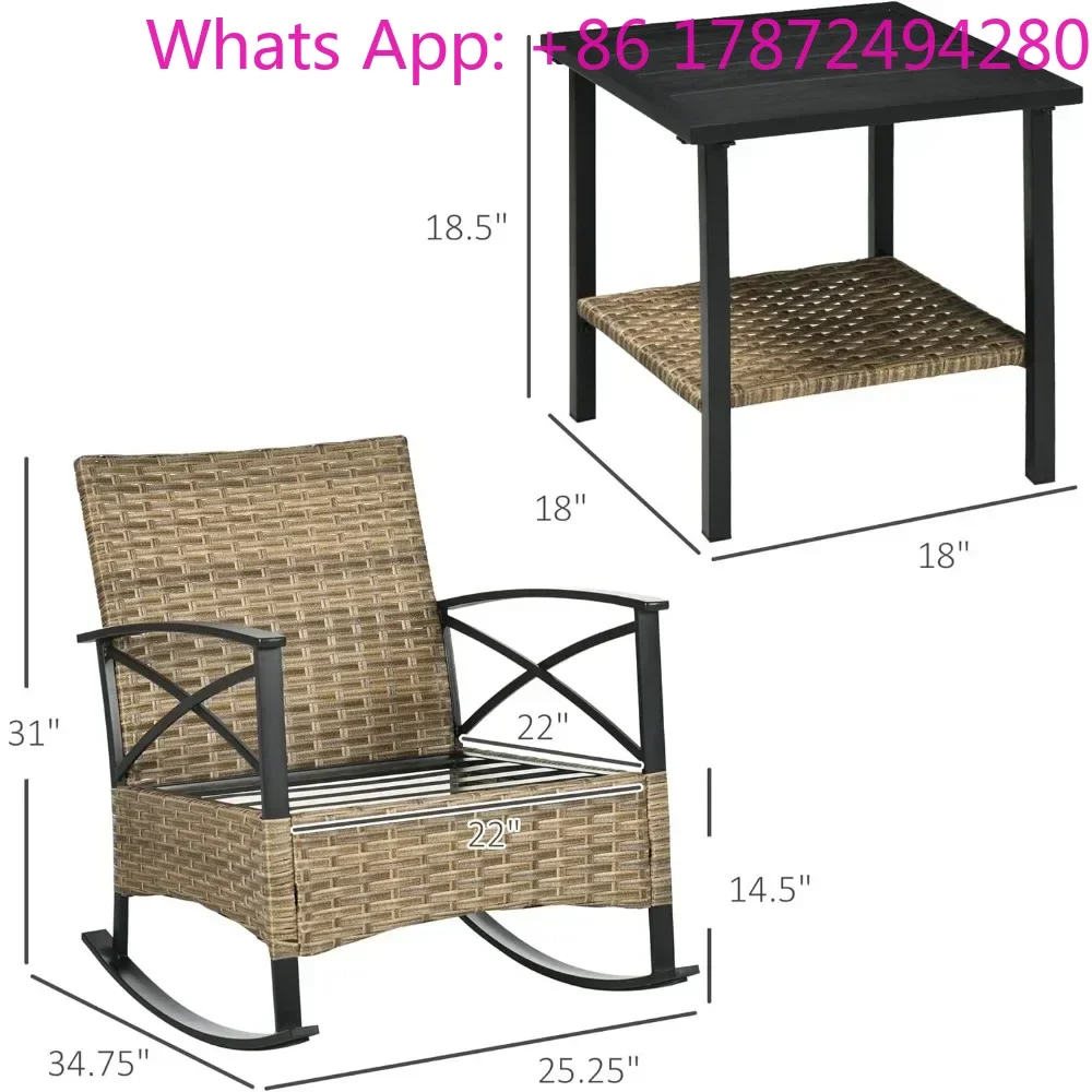 Outdoor Wicker Bistro Set with 2 Cushioned Porch Rockers and 2 Tier Coffee Table