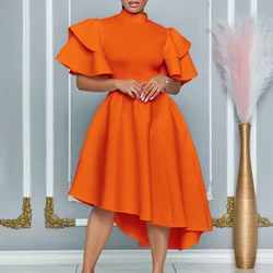 Elegant Party Dresses for Woman 2024 New O Neck Ruffles Sleeve High Waisted Asymmetric Mid Calf Luxury Birthday Dinner Vestidos