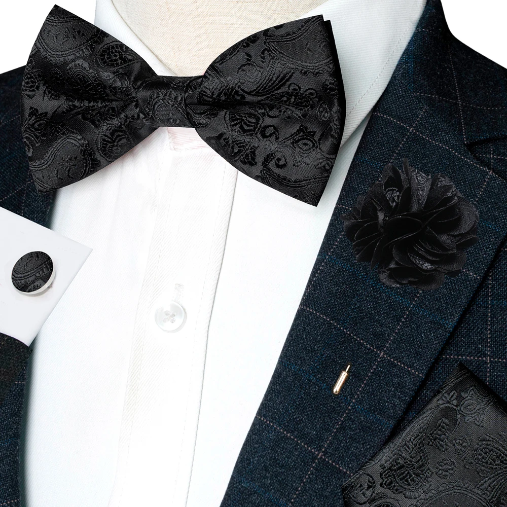 Champagner-Seiden-Jacquard-Paisley-Fliege für Herren, Brosche, Einstecktuch, Manschettenknöpfe-Set, vorgebundene Fliege mit Schmetterlingsknoten für Männer, Hochzeit, Geschäft – Detail 4