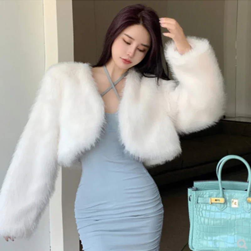 WinterWarm Hot Sell Faux Fur Coat Solid Color Office Lady Jacket Korean Fashion Girls Fur Cardigan Short Cut Loose Long Sleeves