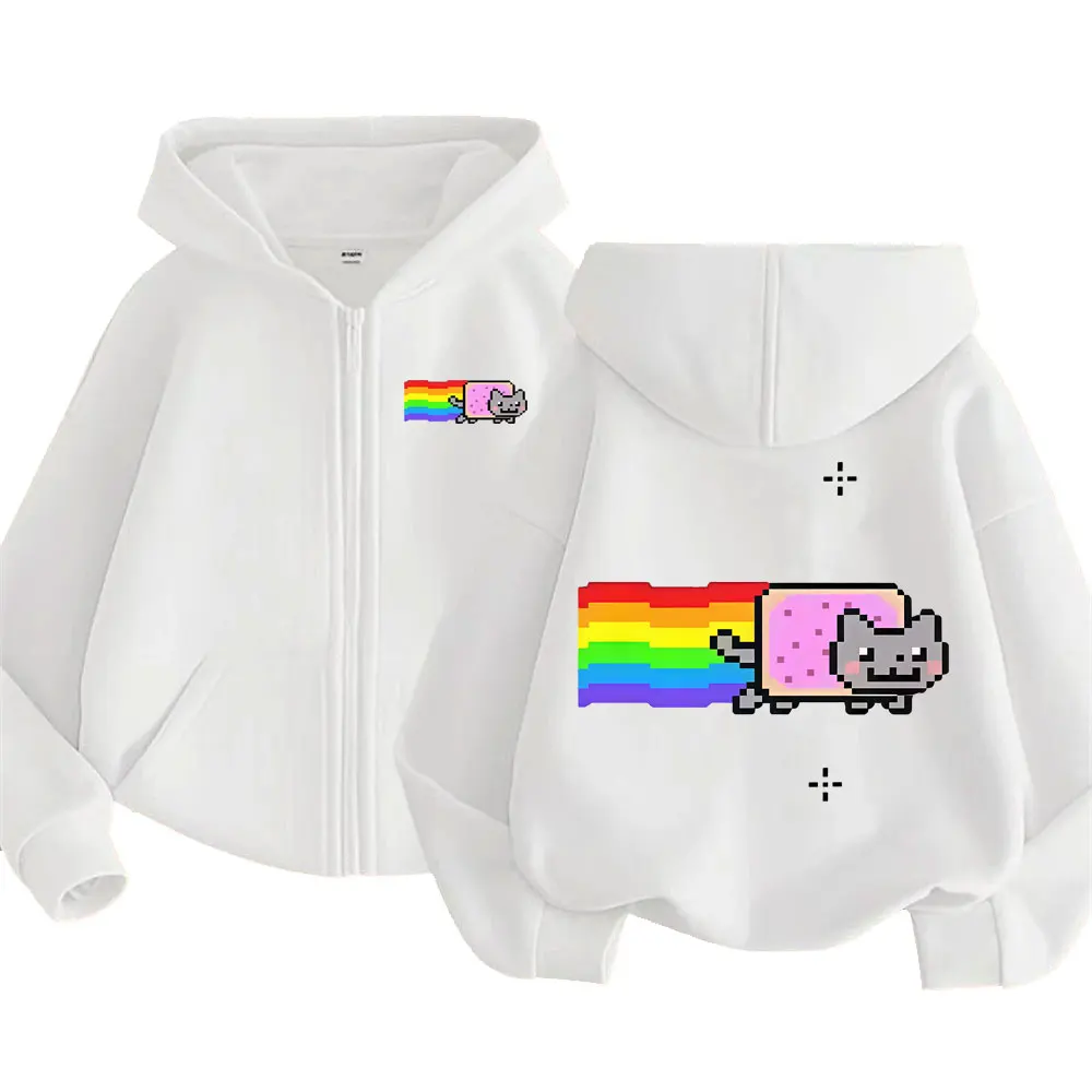 Game Rainbow Nyan Cat Funny Meme Zipper Hoodie Herren Damen Casual Humor Zip Up Jacke Fleece Baumwolle Übergroßes Zip Up Sweatshirt – Detail 7