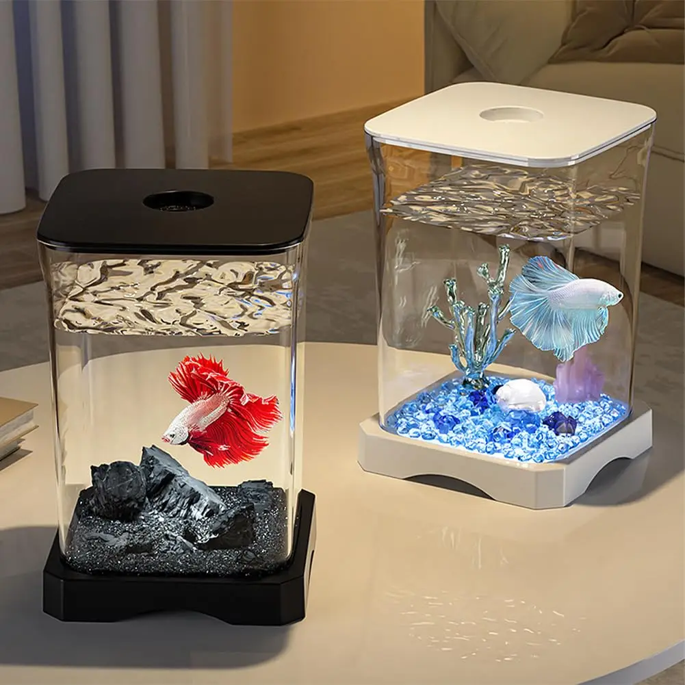 Mini Aquarium, Plastic Desktop Fish Tanks with LED Ambient Lighting & Feeding Opening for Bettas Shrimp, Home Office Desk Decor