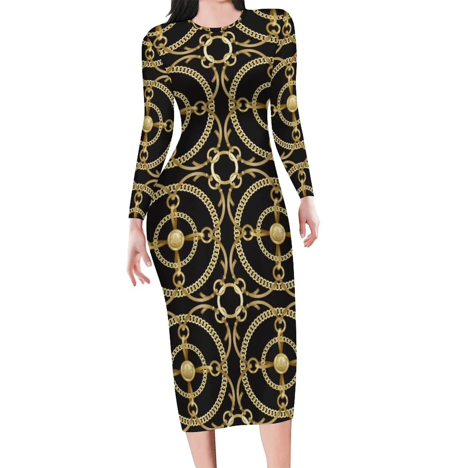 Golden Chain Print Bodycon Dress Ladies Circles Art Sexy Dresses Autumn Long Sleeve Street Wear Custom Dress Big Size 4XL 5XL