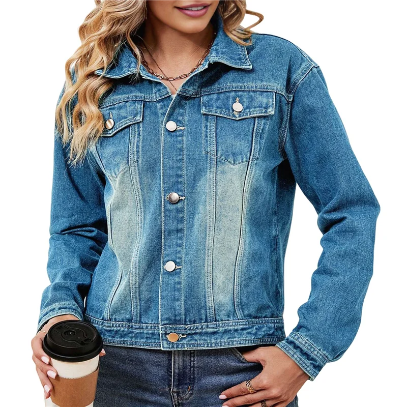 ABRT-Female Basic Button Down Stretch Fitted Long Sleeves Denim Jean Jacket