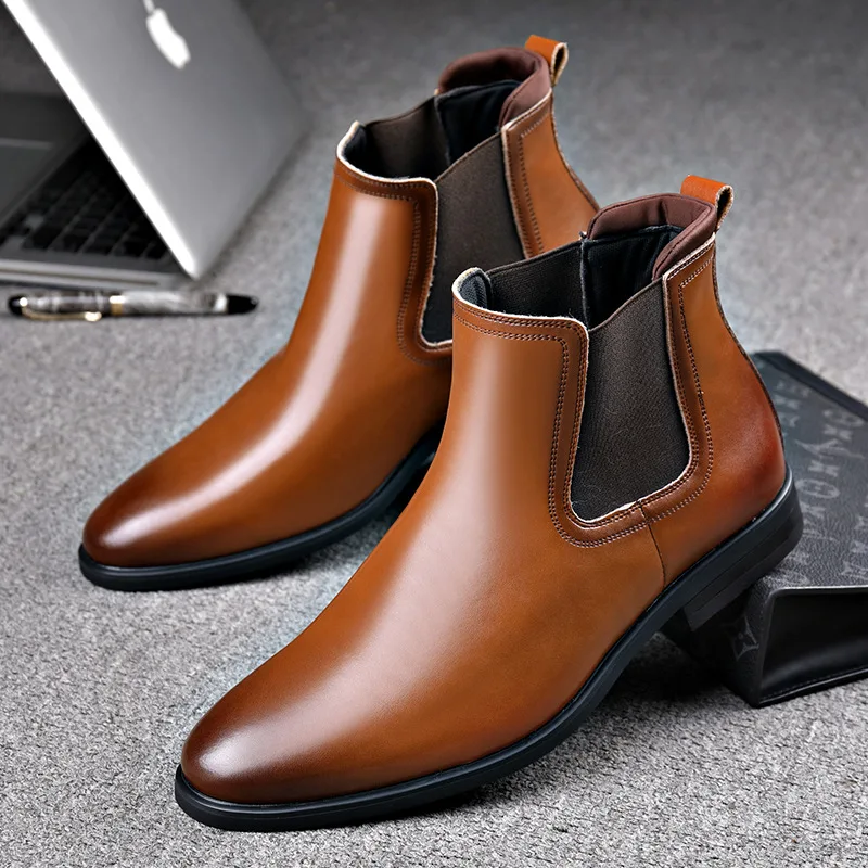 

men's fashion chelsea boots black brown natural leather shoes business office dress pointed toe cowboy boot spring autumn botas