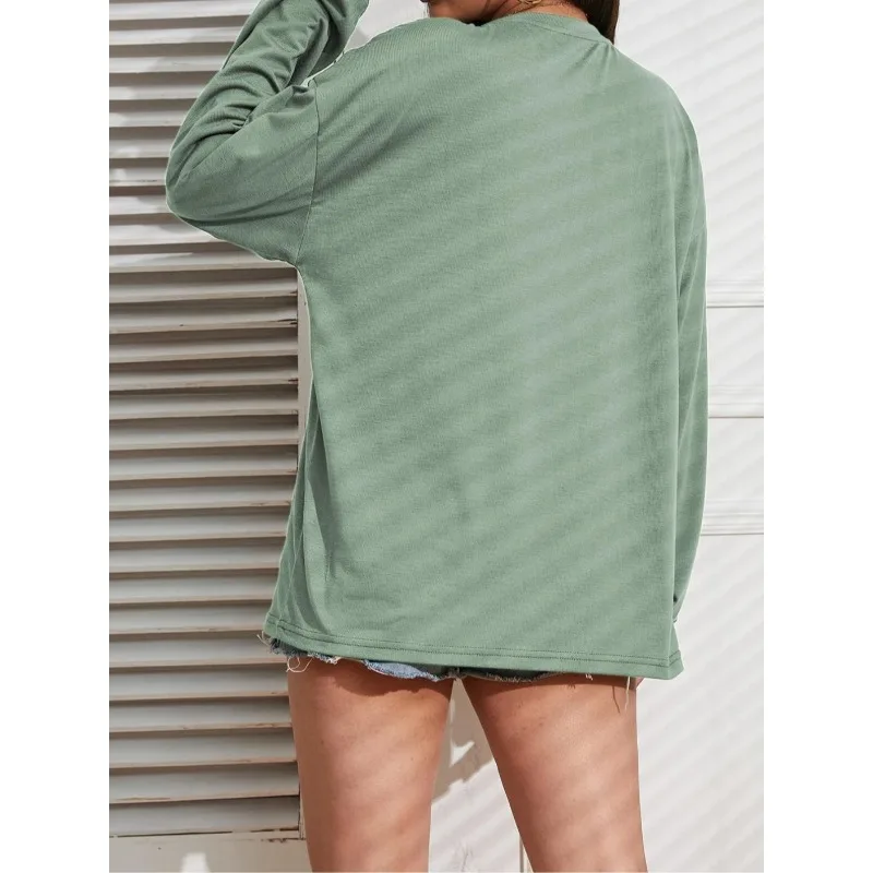 Modna damska koszulka z długim rękawem w jednolitym kolorze, z okrągłym dekoltem, w rozmiarach plus size 1XL-5XL, idealna na jesień, codzienna i wygodna.