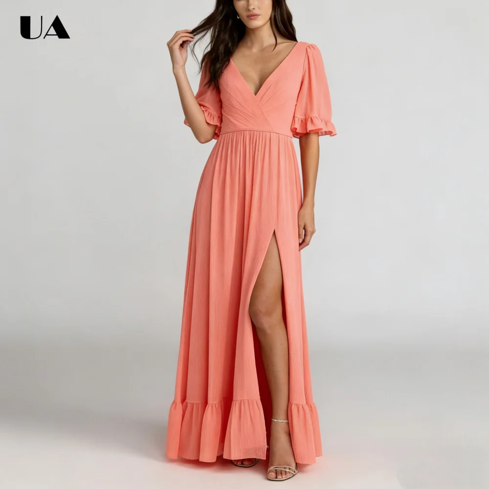 

ULBYANRY Customized Chiffon Ruffled Prom Dresses for Women Elegant Deep V-neck Evening Dress Fashionable Solid Slit Party Dress
