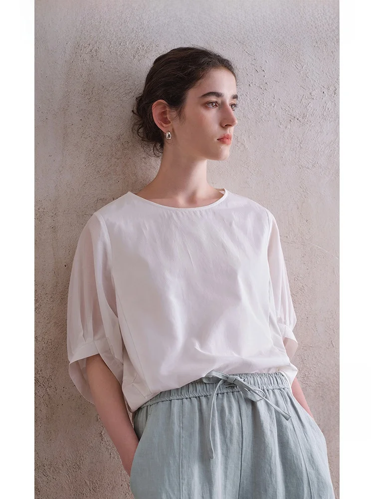 

Travel Original Silk Cotton Patchwork Casual Ele White Top Women's Summer New mat Artistic Small irt