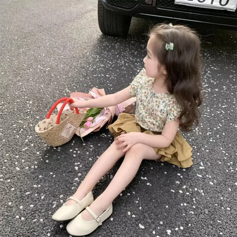 Korean New Children's Sets Clothing 2025 Summer for Girls Girls Sets Print Flower Set Two Piece Cotton Girl's Vest Skirt Set