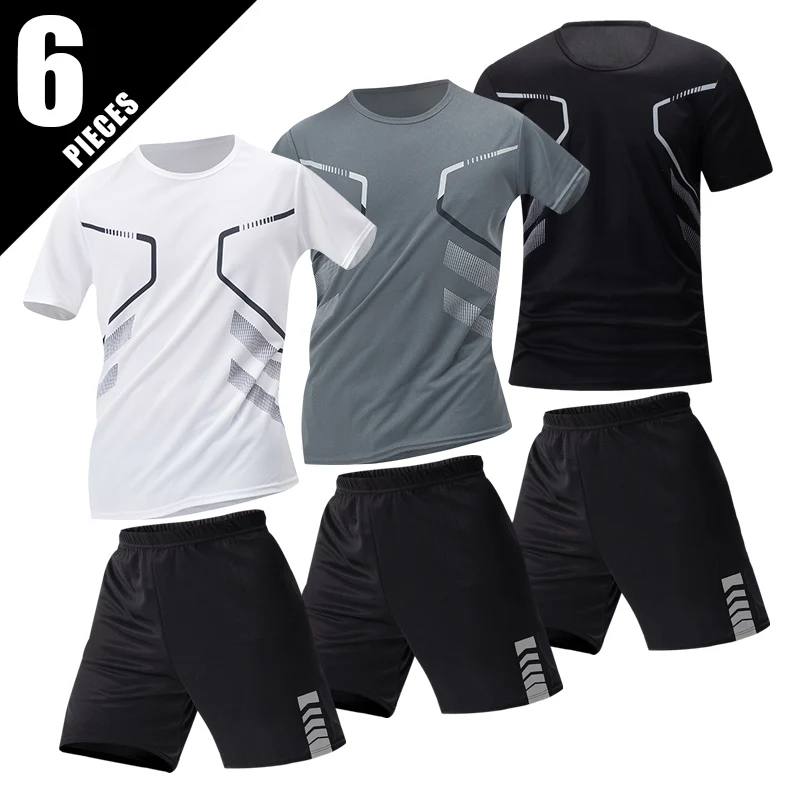 

6-piece Men's Set Youth Four Season Printed Quick Drying Short Sleeved Sports Pants Comfortable Plus Size Casual Basic Style
