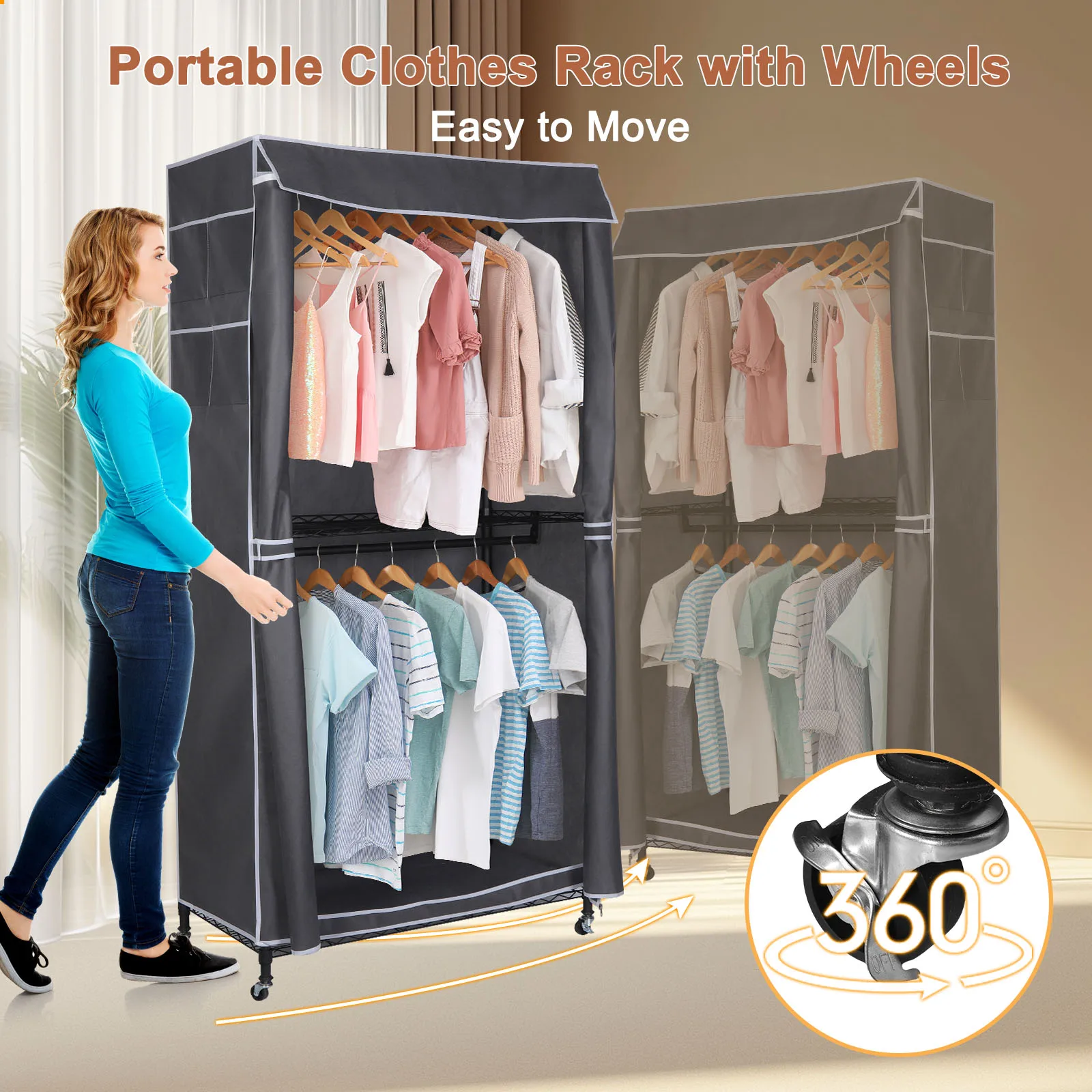 200*90*44cm Freestanding Closet with Wheels Multifunctional Heavy Duty Garment Rack with Cover for Coats Shirts Dress