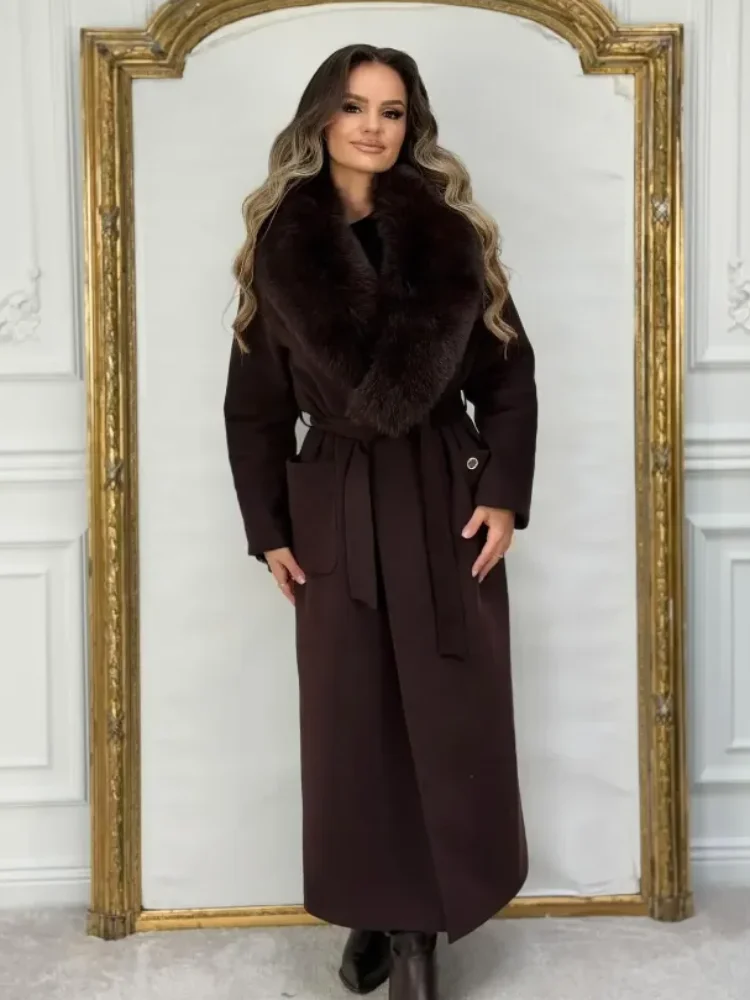 Chic Lace Up Fur Collar Patchwork Woolen Overcoat Women Solid V-neck Full Sleeve Loose Coats 2026 Lady High Street Warm Outwears