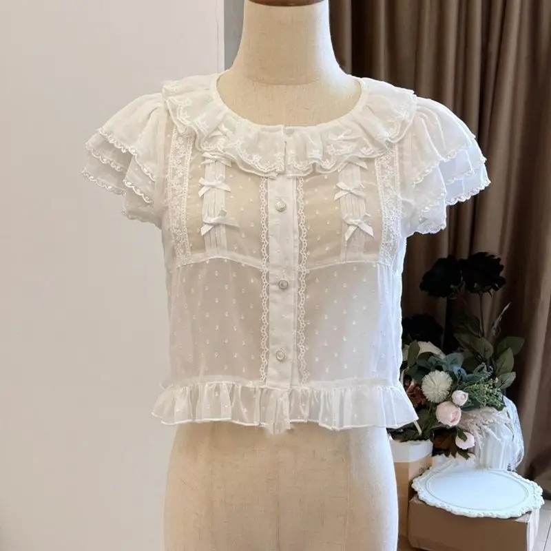 

Японская блузка в стиле Sweet Lolita, однотонная рубашка Harajuku Y2K, женская кружевная блузка с коротким рукавом, милый повседневный топ для субкультурного стиля, внутренняя одежда