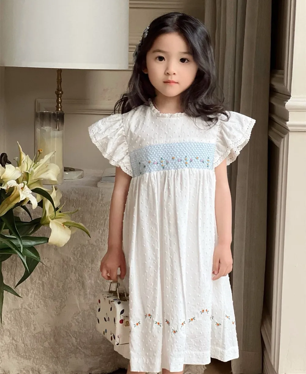

in stock baby girl clothes kids dress for girls French flying sleeved dress Hand embroidered girl's summer dress