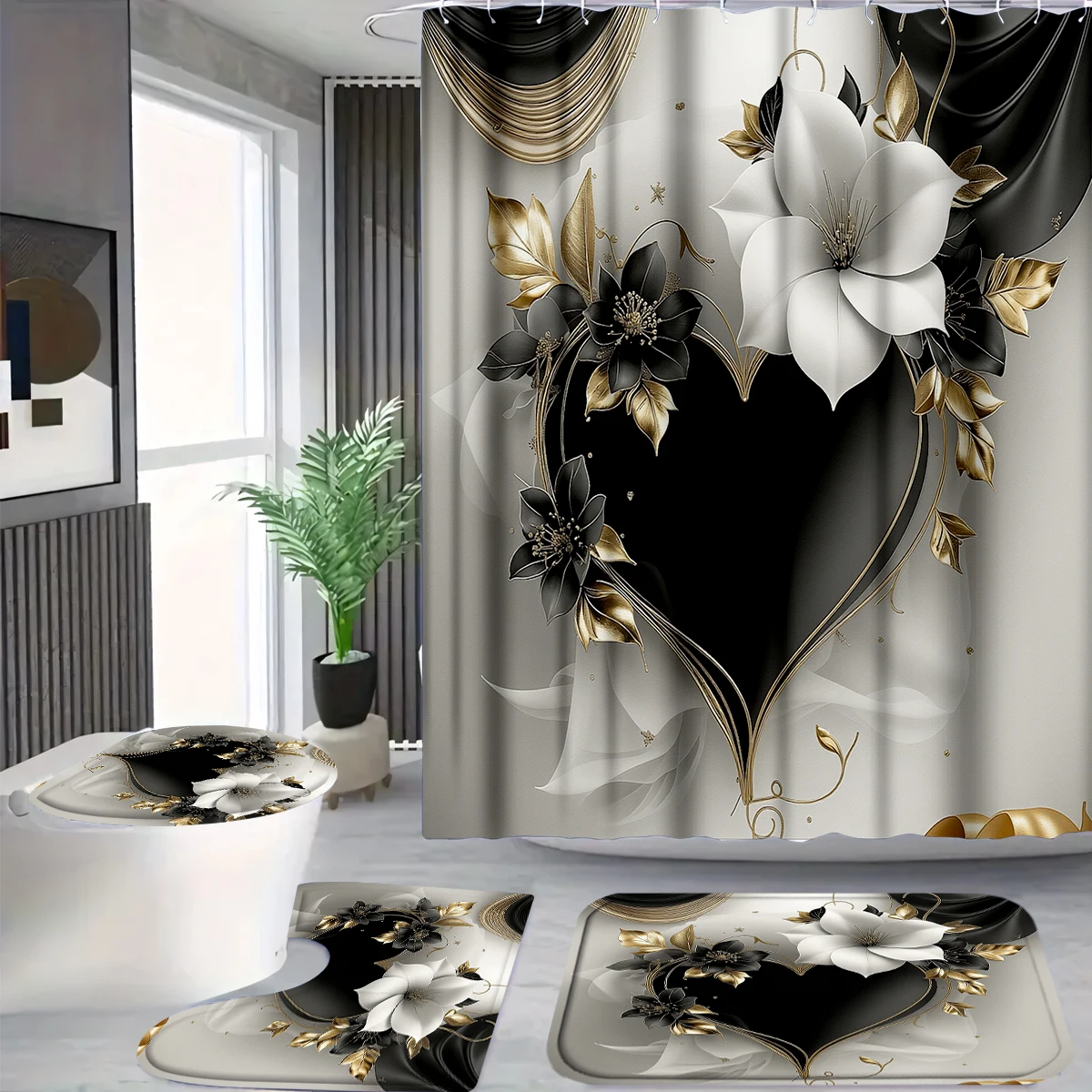 

4Pcs Black Gold Heart Flower Shower Curtain Set with Hooks, Luxury Elegant Floral Print Waterproof Mildew Resistant Fabric Bath Mat for Family Bathroom Home Decor