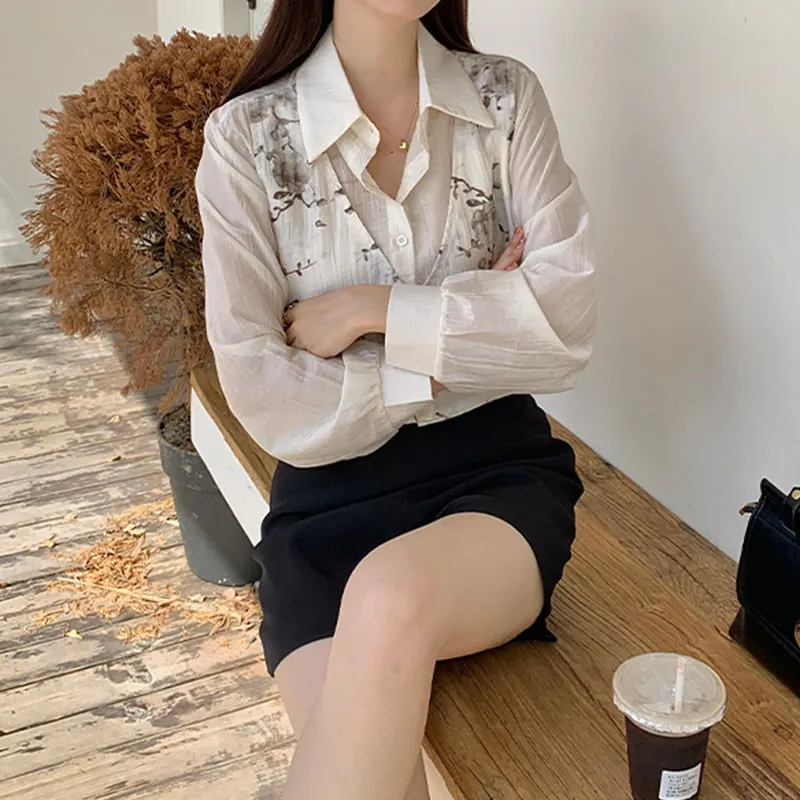 Elegant Fashion Harajuku Slim Fit Female Clothes Loose Casual All Match Tops Polo Neck Button Long Sleeve Blusa Fake Two Pieces