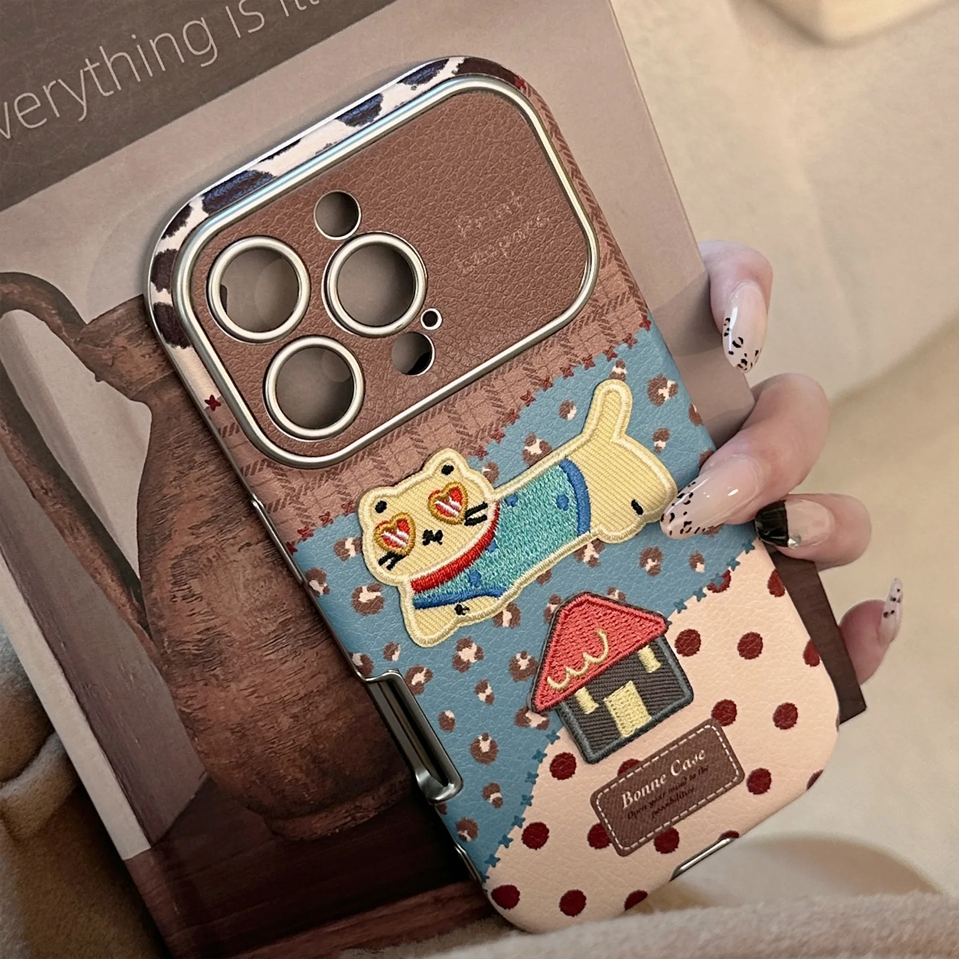 Korean Splicing Leopard Print Cartoon Cat House Faux Leather Phone Case For iPhone 17 16 15 14 13 12 11 Pro Max Shockproof Cover view 4